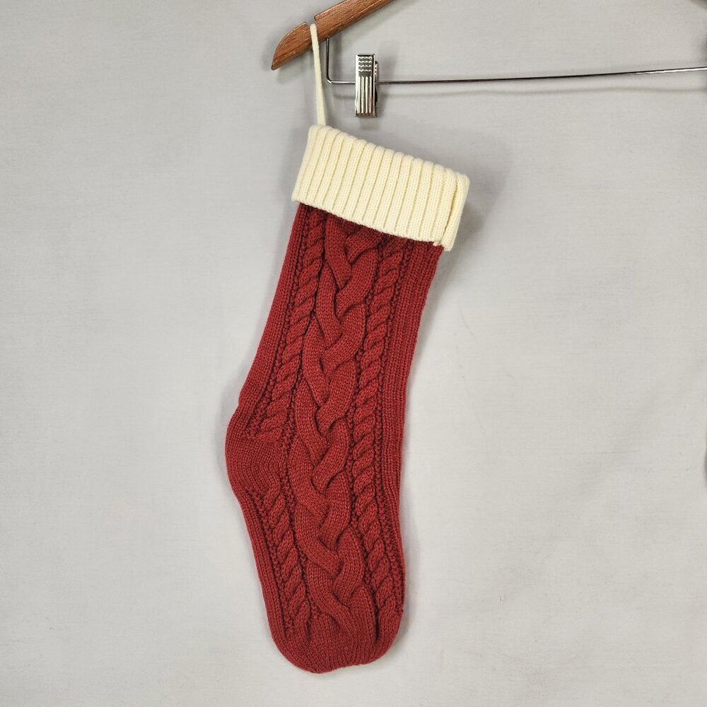 Cable Knit Christmas Stocking Red with Ivory Cuff 17.5 inches Holiday